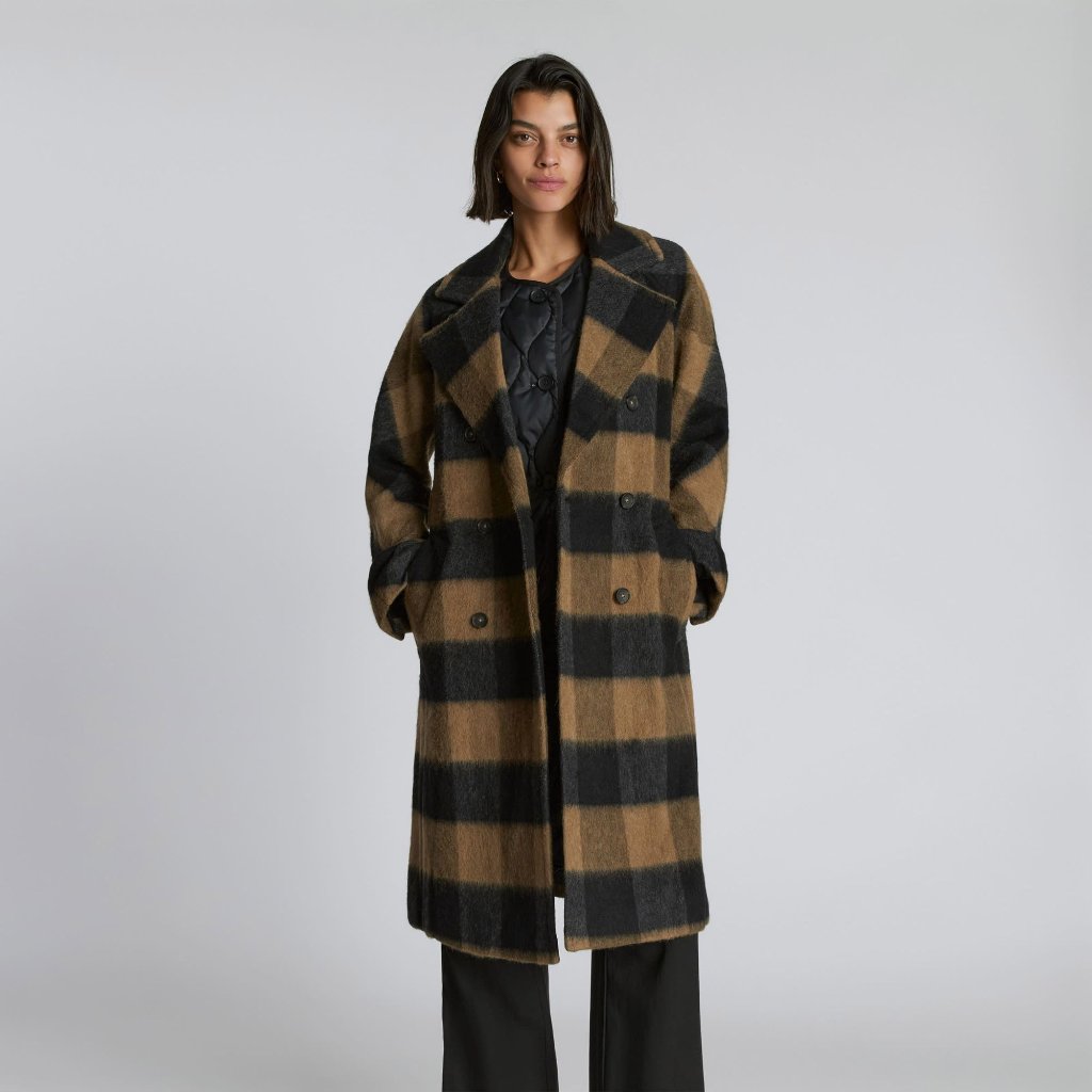 Everlane The Brushed Italian Rewool Coat Peacoat Buffalo Plaid Brown Black S